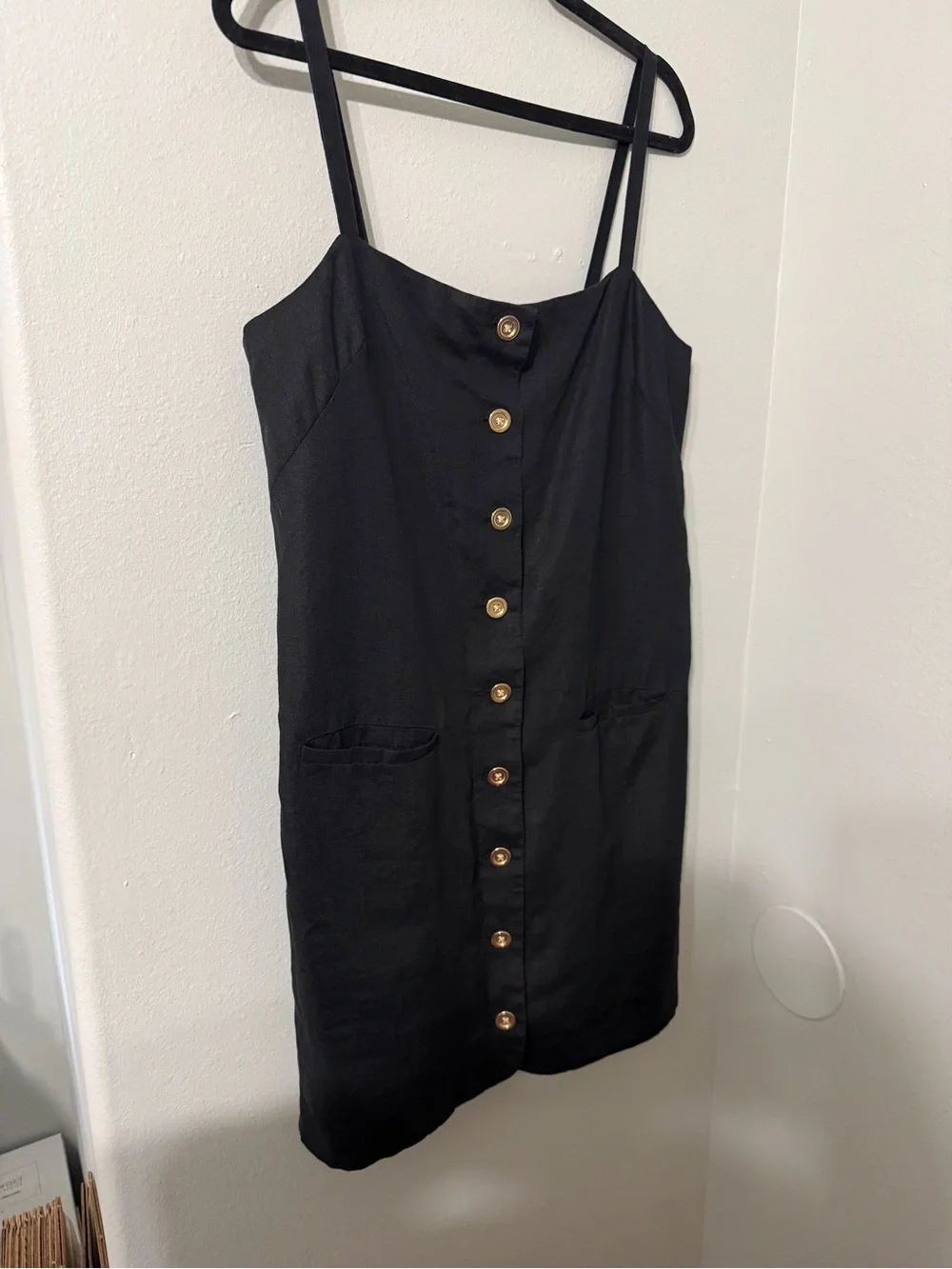 J. Crew 100% Linen Black Gold Button Front Spaghetti Strap Dress Lined M Tall